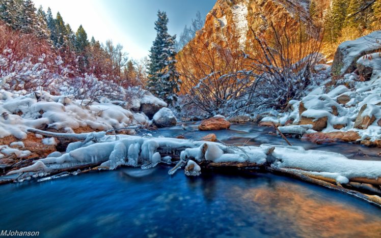 winter, River, Stones, Trees, Nature HD Wallpaper Desktop Background