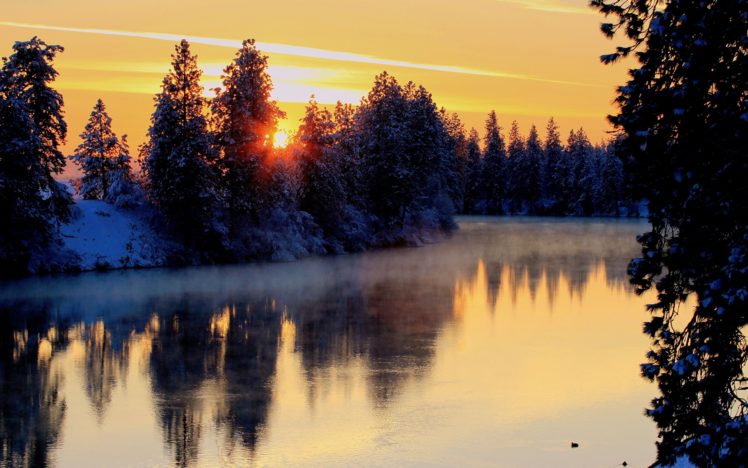 winter, River, Trees, Sunset, Landscape HD Wallpaper Desktop Background
