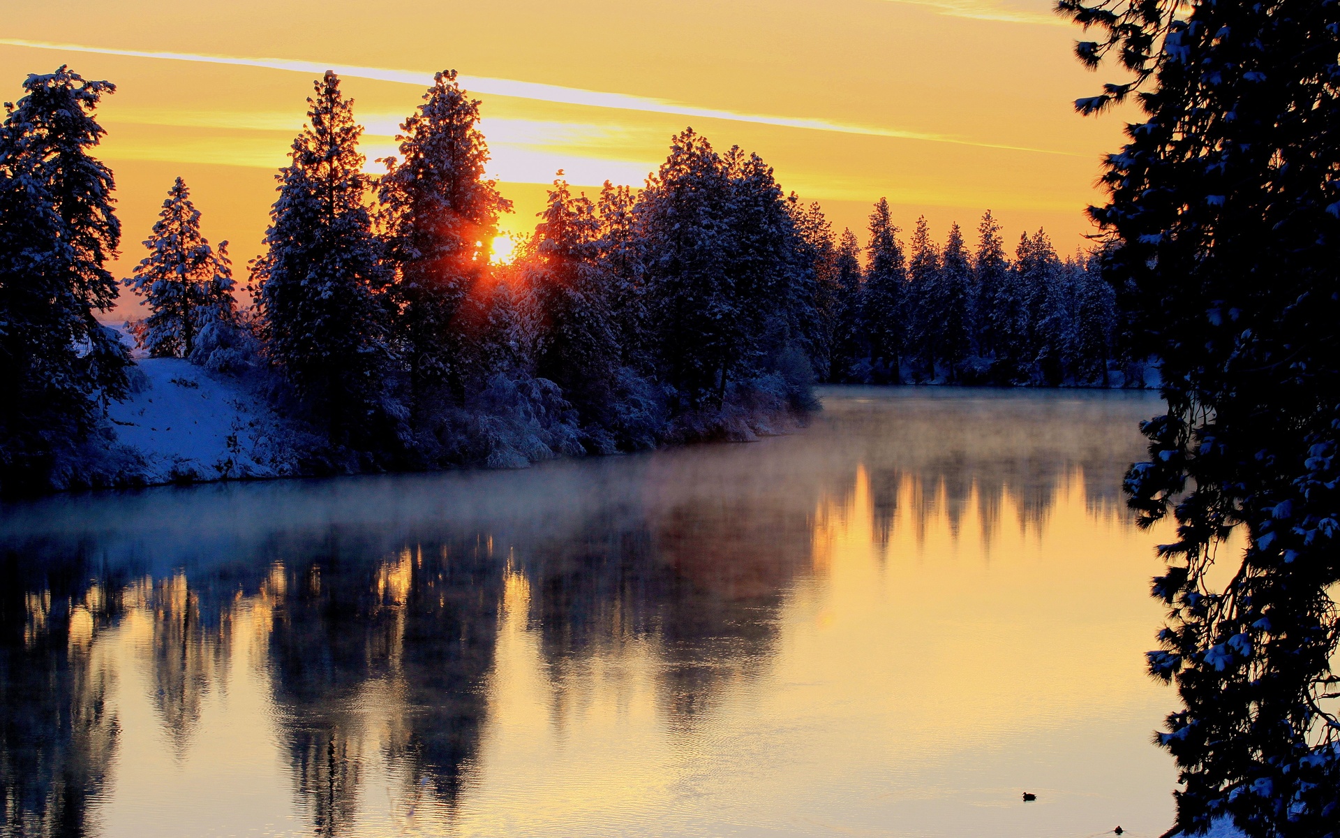 winter, River, Trees, Sunset, Landscape Wallpaper