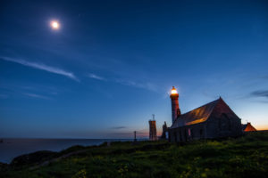 lighthouse, Ocean, Night, Moonlight, Grass