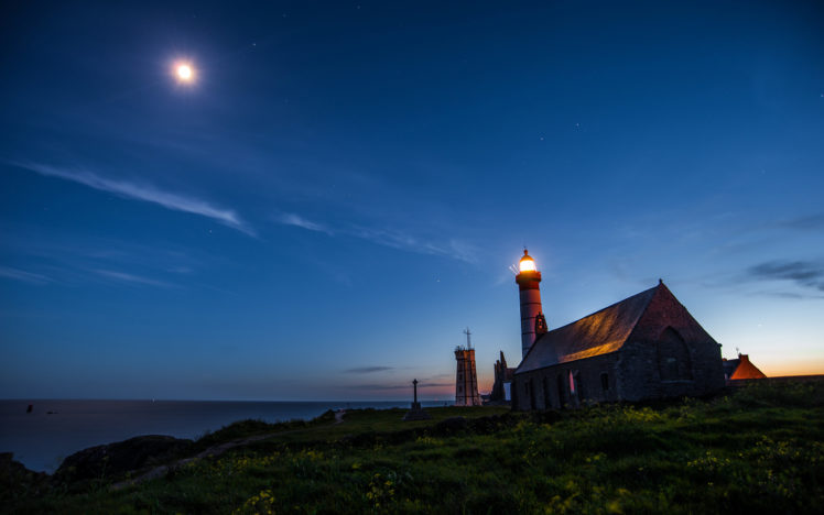lighthouse, Ocean, Night, Moonlight, Grass HD Wallpaper Desktop Background