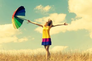 mood, Girl, Dress, Color, Hands, Smile, Summer, Umbrella, Umbrella, Happiness, Freedom, Freedom, Openness, Warmth, Plants, Nature, Field, Sun, Sky, Clouds, Background, Freedom