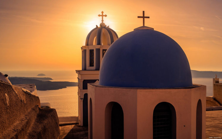 greece, Sunset, Summer, Santorini, Church, Sea HD Wallpaper Desktop Background