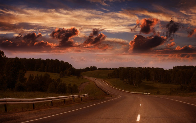 clouds, Road, Forest, Summer, Sky, Evening HD Wallpaper Desktop Background