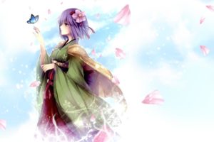 touhou, Purple, Hair, Kimono, Petals, Butterfly, Anime