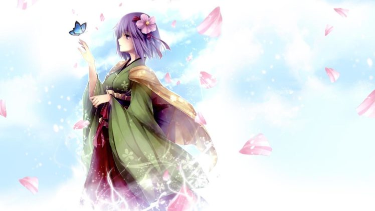 touhou, Purple, Hair, Kimono, Petals, Butterfly, Anime HD Wallpaper Desktop Background