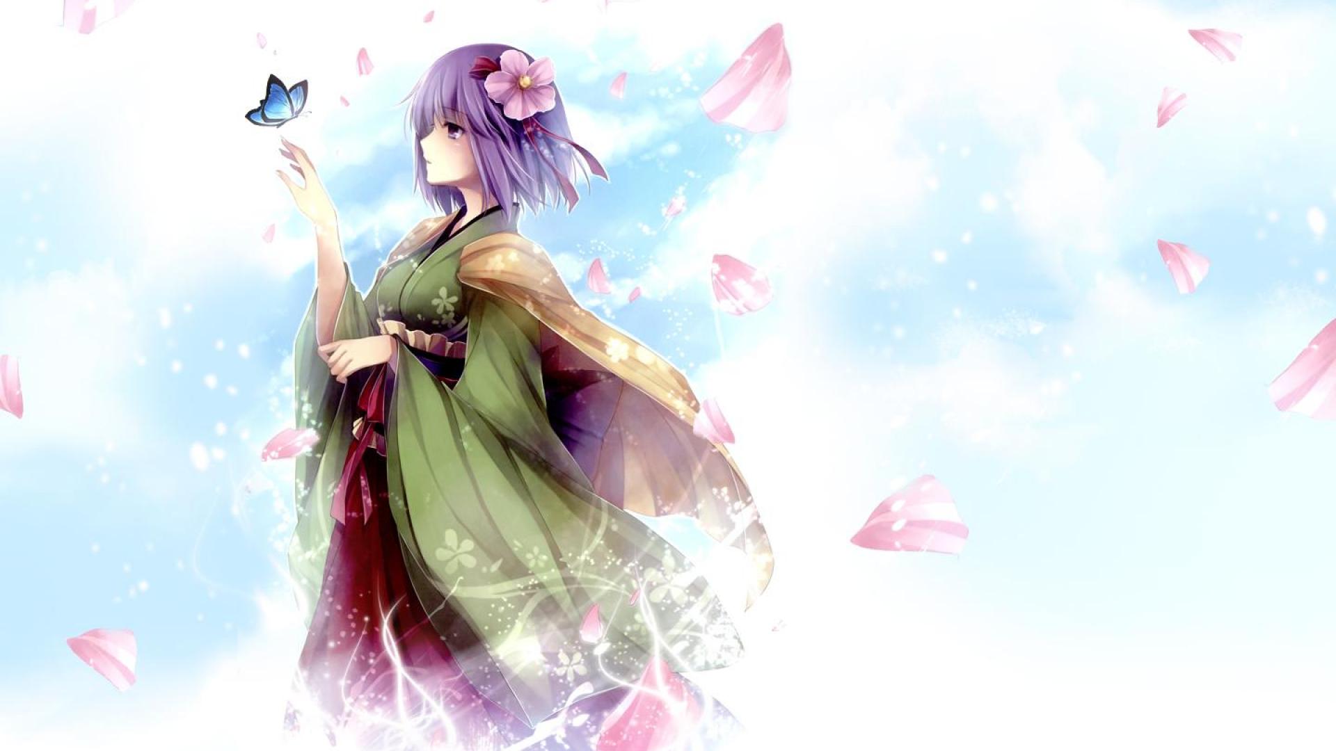 touhou, Purple, Hair, Kimono, Petals, Butterfly, Anime Wallpaper