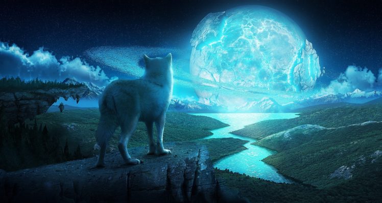 art, Wolf, Night, Planet, Fantasy, Fantasy, Landscape, Wolves HD Wallpaper Desktop Background