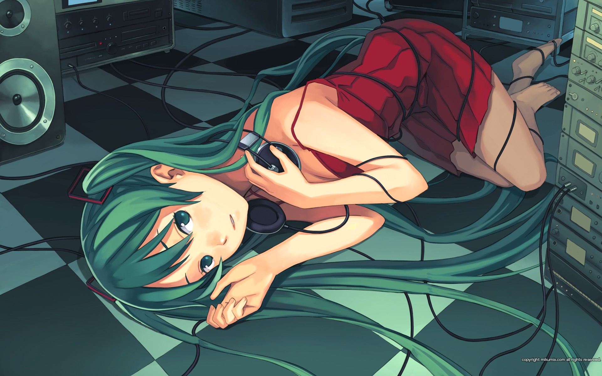 headphones, Music, Vocaloid, Dress, Hatsune, Miku, Long, Hair, Speakers, Green, Eyes, Green, Hair, Twintails, Red, Dress, Lying, Down, Wires, Cables Wallpaper