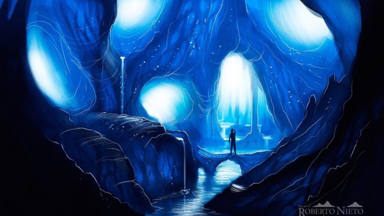ice, Landscapes, Caves, Silhouettes, Fantasy, Art, Artwork, Rivers, Cavern, Mystical, Abstract HD Wallpaper Desktop Background