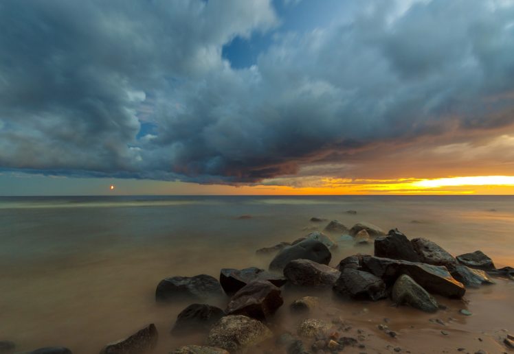 landscape, Sunset, Sea, Rocks, Clouds HD Wallpaper Desktop Background