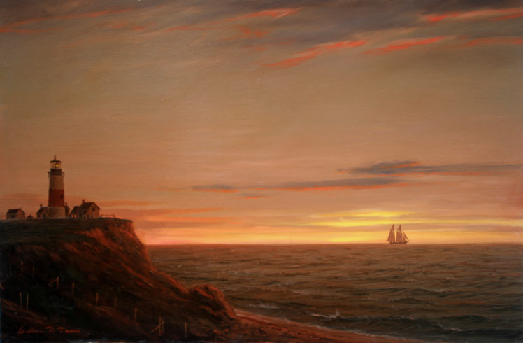 lighthouse, William, Davis, Painting, Landscape, Sea, Ocean, Mood, Ship, Ships, Boats, Boat, Sunset, Sky HD Wallpaper Desktop Background