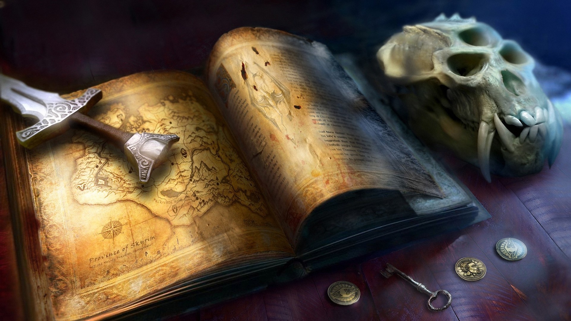 map, The, Elder, Scrolls, Sword, Skyrim, Skull, Book, Fantasy Wallpaper