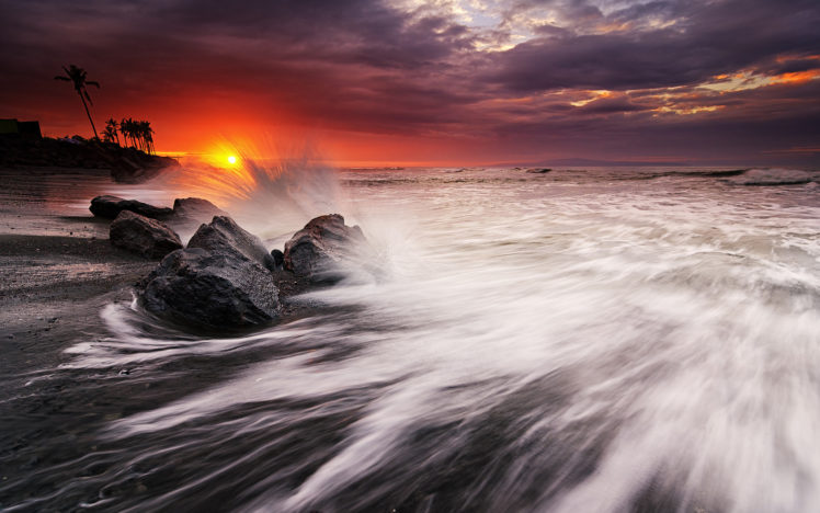 ocean, Sunset, Beach, Rocks, Stones, Waves HD Wallpaper Desktop Background