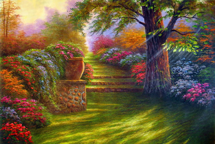 painting, Garden, Road, Flowers HD Wallpaper Desktop Background