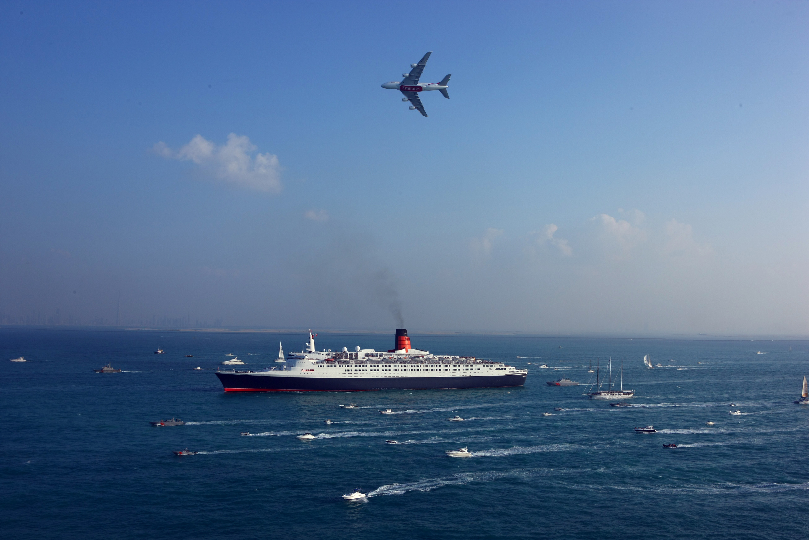 queen, Elizabeth, 2, Emirates, Airline, Airbus, A380, Aircraft, Airliner, Boats, Navy, Sea, Lots, Security, Military, Liner, Ship, Day, Passenger, Side, View, Sky Wallpaper