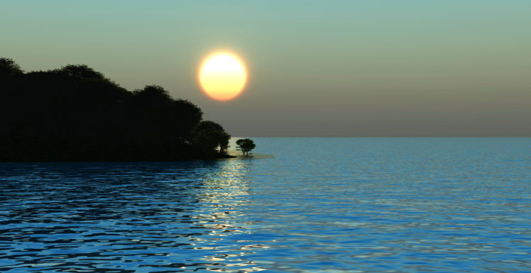 sea, Shore, Trees, Sun, Morning, Sunrise, Gg HD Wallpaper Desktop Background
