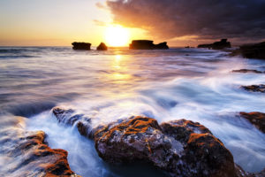 sunset, Ocean, Rocks, Stones, Sunlight