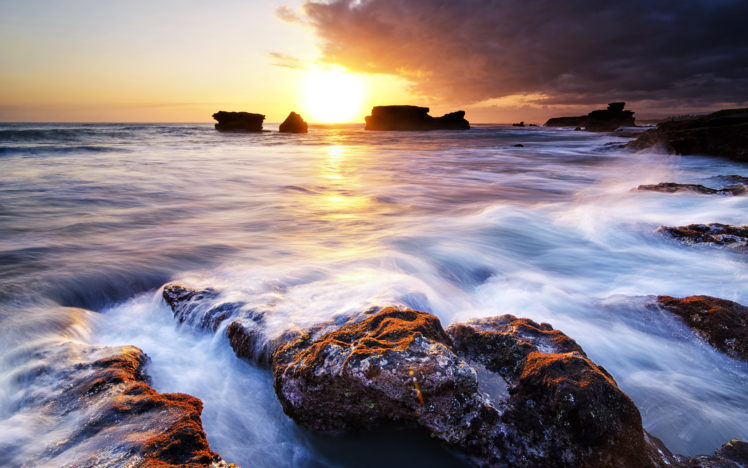 sunset, Ocean, Rocks, Stones, Sunlight HD Wallpaper Desktop Background