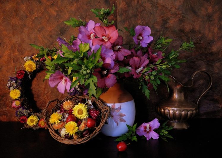 flower, Mallow, Ranetki, Apples, Wreath, Vase, Pitcher HD Wallpaper Desktop Background