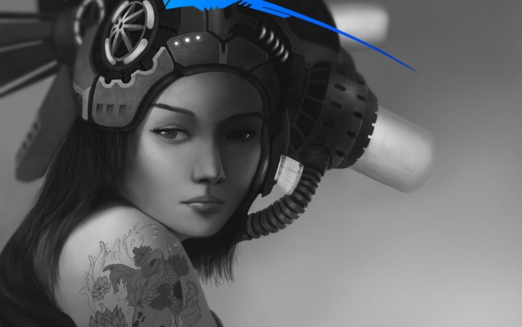 art, Girl, Hat, Monochrome, Black, And, White, Blue, Tattoo, Tattoo, Fish, Fish, Shoulder, Sci fi, Cyborg, Cyborgs, Robot HD Wallpaper Desktop Background