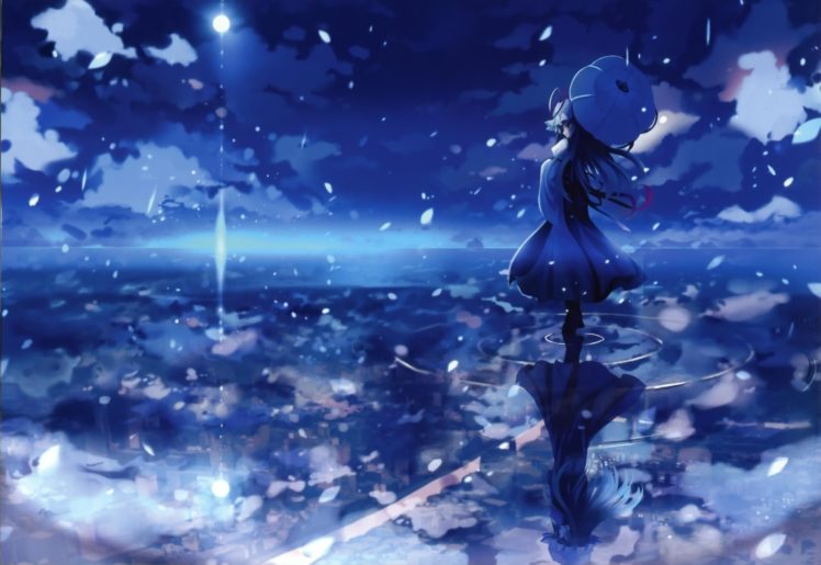 water, Blue, Touhou, Night, Scenic, Yakumo, Yukari, Umbrellas, Skyscapes, Reflections, Anime, Girls HD Wallpaper Desktop Background