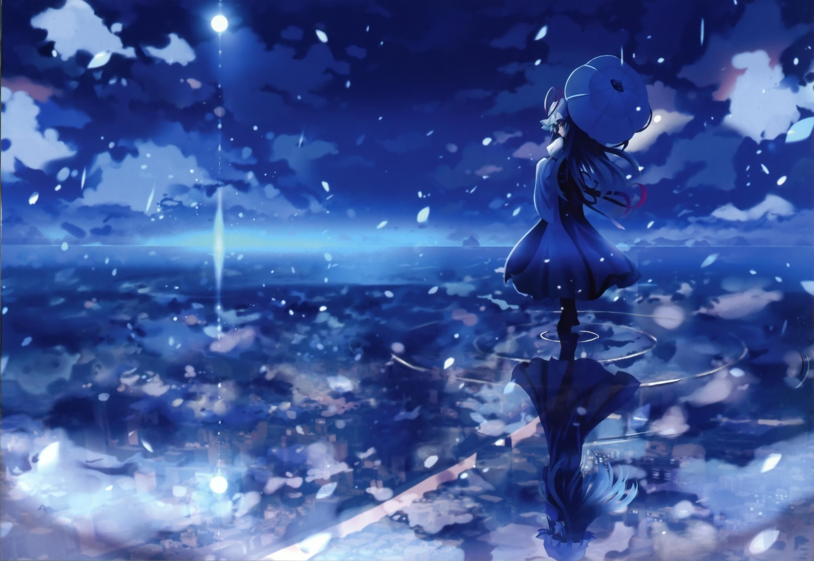 Water Blue Touhou Night Scenic Yakumo Yukari Umbrellas Skyscapes Reflections Anime Girls Wallpapers Hd Desktop And Mobile Backgrounds