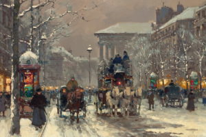 painting, City, Winter, People, Street, Carriages
