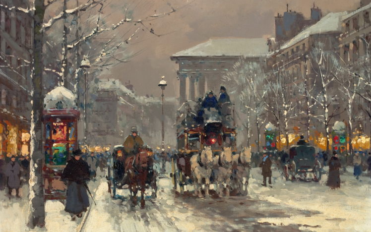 painting, City, Winter, People, Street, Carriages HD Wallpaper Desktop Background