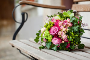 pink, Flowers, Bouquet, Leaves, Roses, Bench, Bokeh