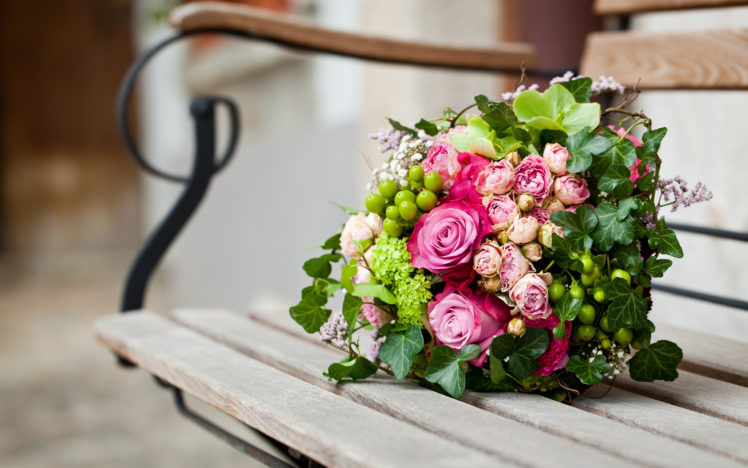 pink, Flowers, Bouquet, Leaves, Roses, Bench, Bokeh HD Wallpaper Desktop Background