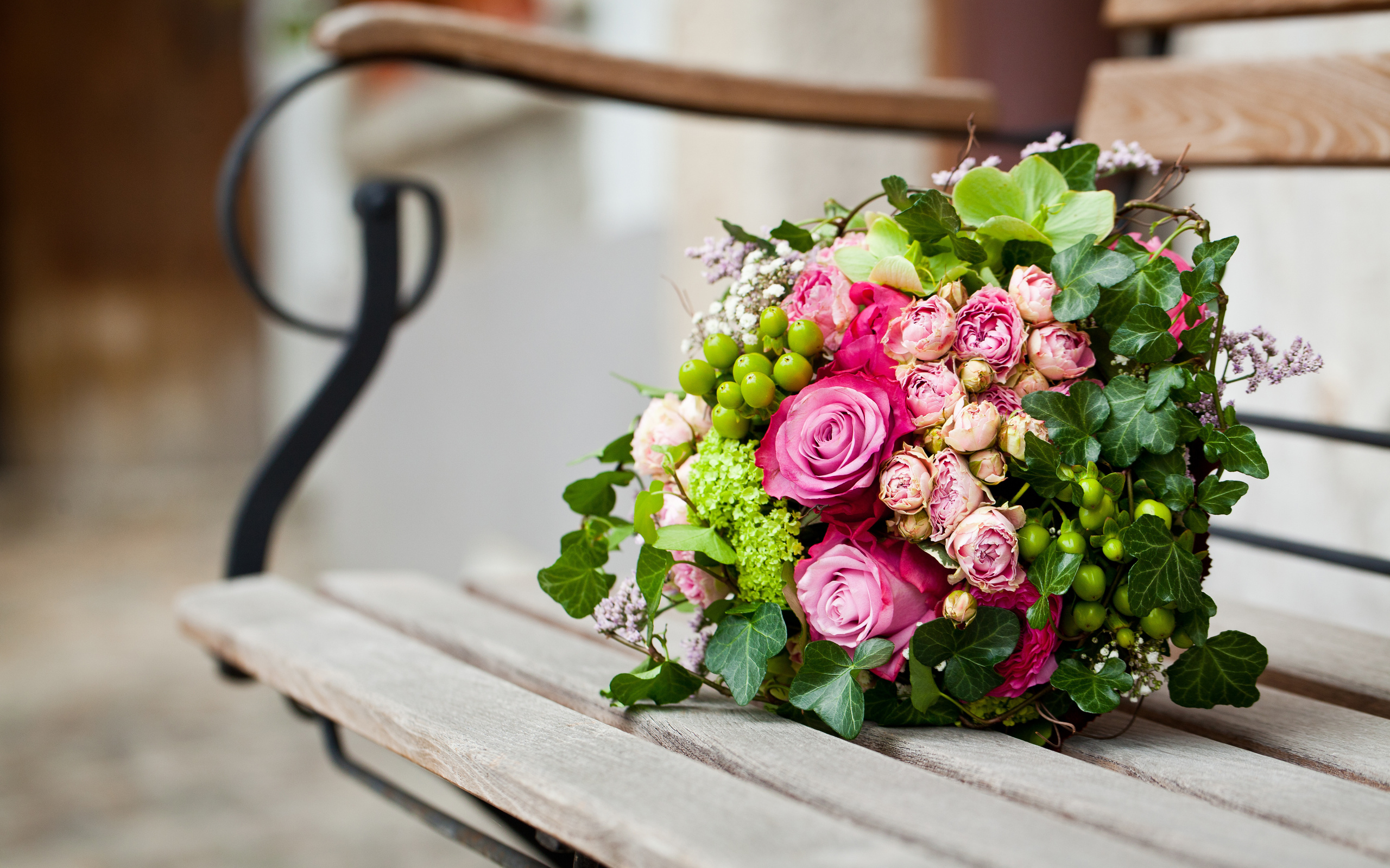 pink, Flowers, Bouquet, Leaves, Roses, Bench, Bokeh Wallpaper