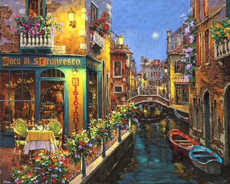 city, Fred, Swan, Painting, Drawing, Bridge, Canal, Boats, Water, Building, Bokeh, Mood HD Wallpaper Desktop Background