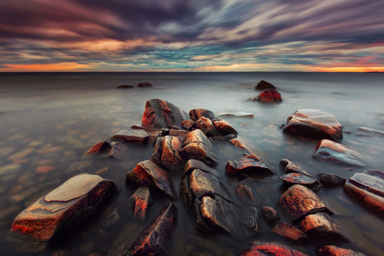 sea, Sweden, Evening, Clouds, Sunset, Stones HD Wallpaper Desktop Background