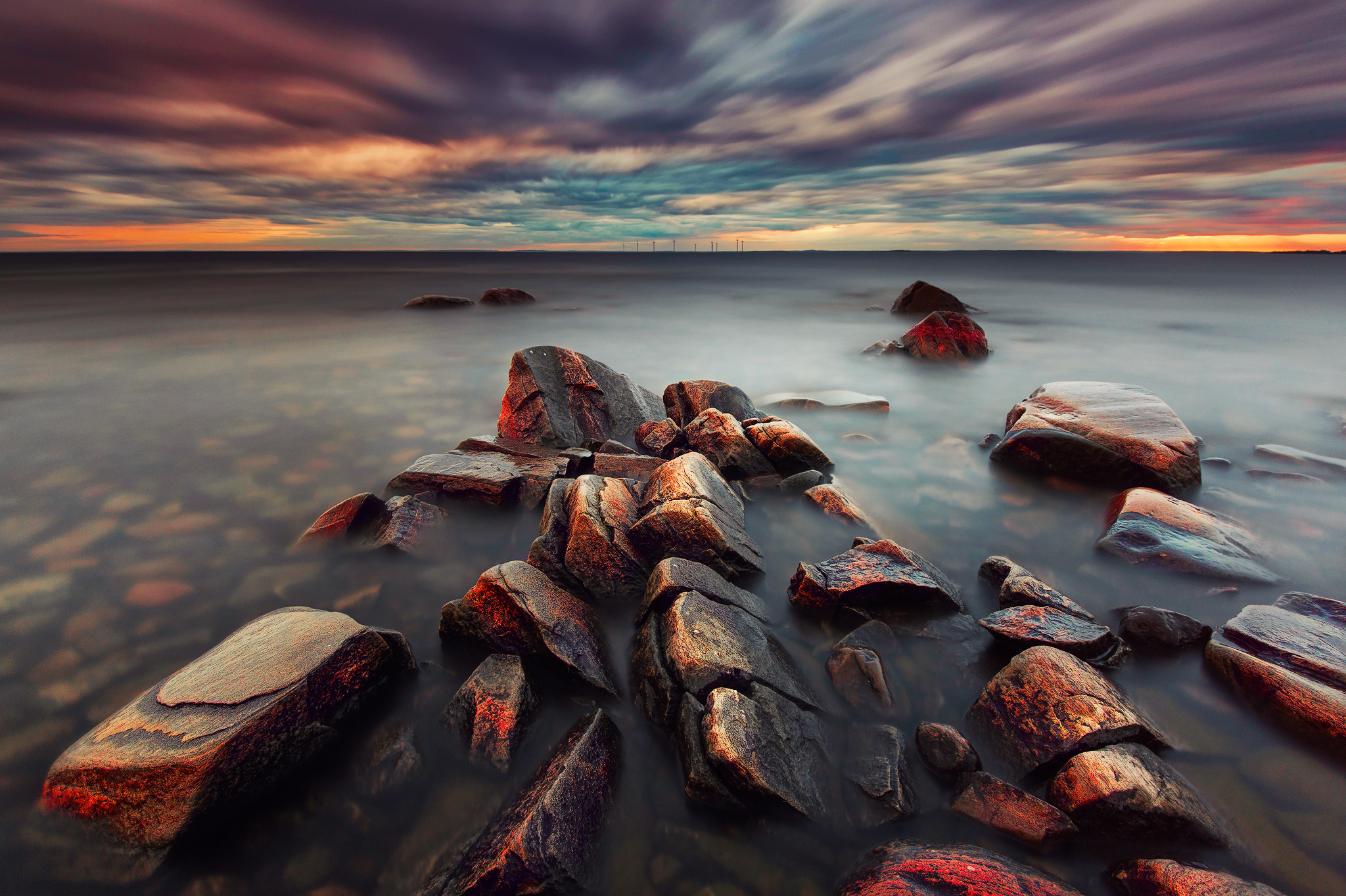 sea, Sweden, Evening, Clouds, Sunset, Stones Wallpaper