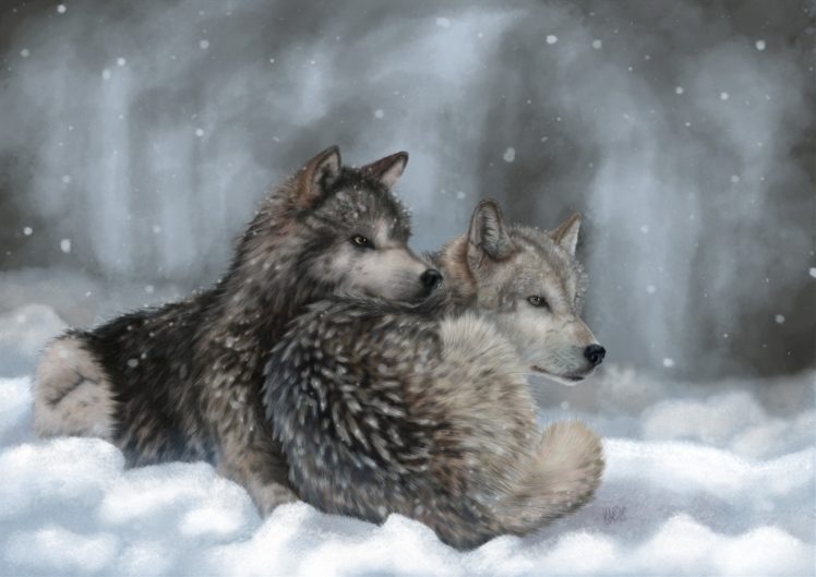 wolves, Painting, Art, Wolf, Winter, Snow HD Wallpaper Desktop Background