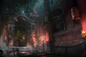 art, Castle, Torches, Fire, Skull, Monster, Candles, Plates, Gloomy, Entrance, Arch, Statue, Skulls
