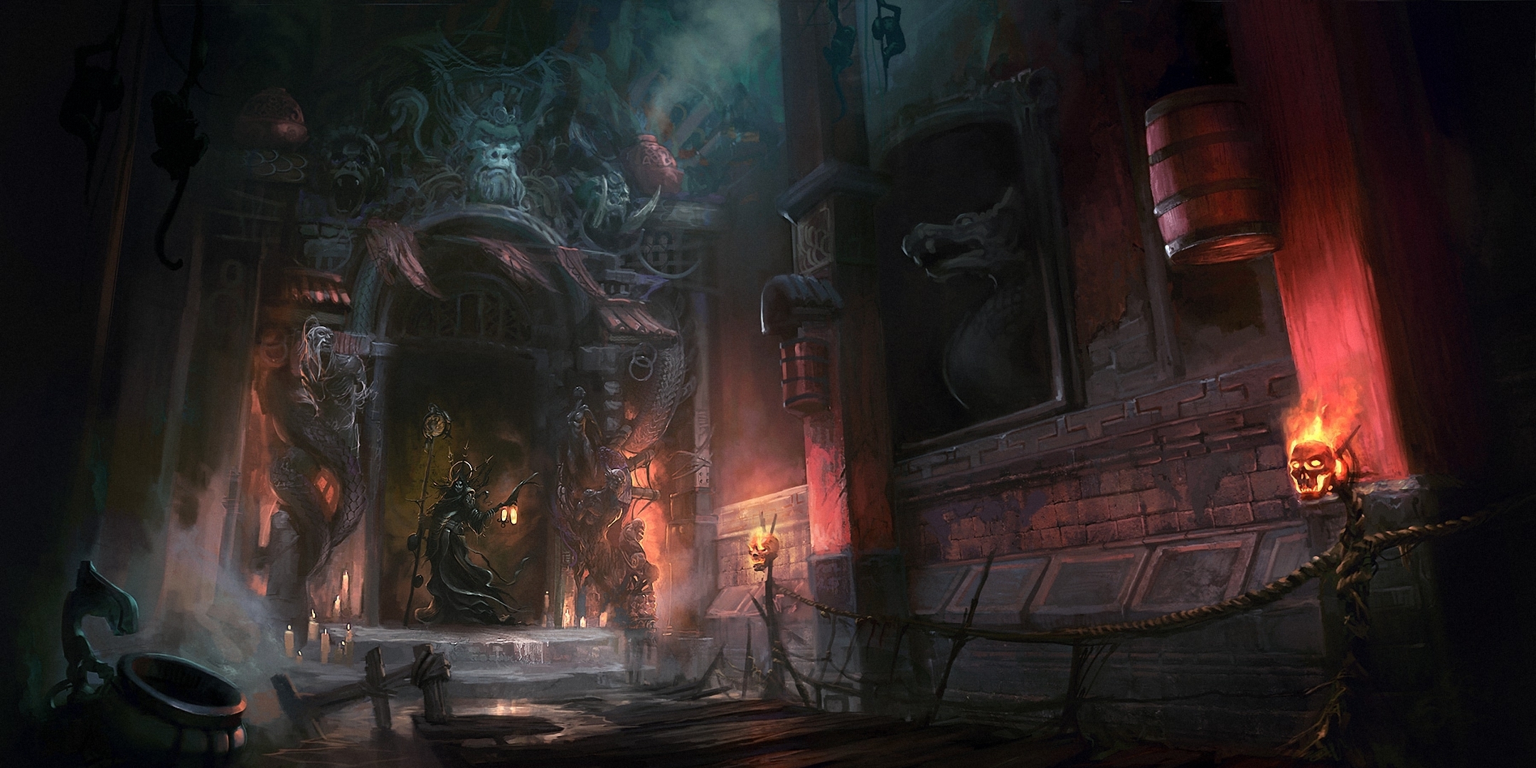art, Castle, Torches, Fire, Skull, Monster, Candles, Plates, Gloomy, Entrance, Arch, Statue, Skulls Wallpaper