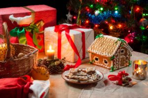 new, Year, Gifts, Candles, Cookies, Gingerbread, House, Basket, Oranges, Christmas