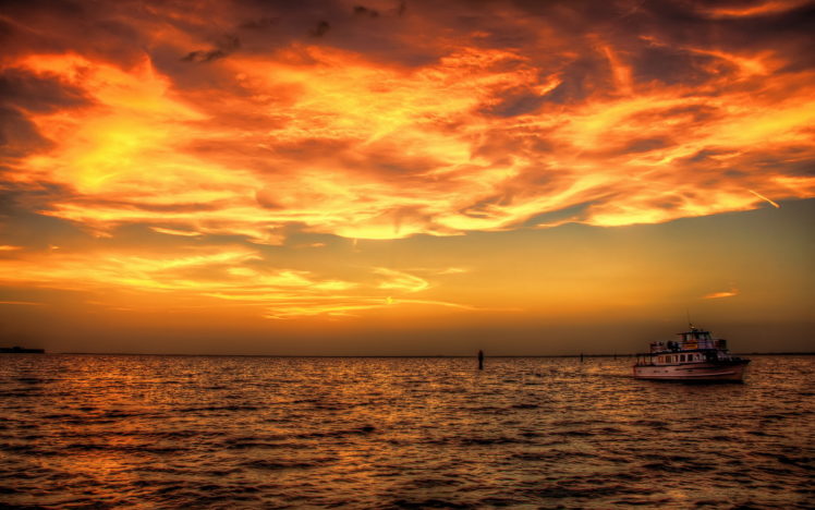 sunset, Sea, Ship, Ocean, Sky, Clouds, Boat HD Wallpaper Desktop Background