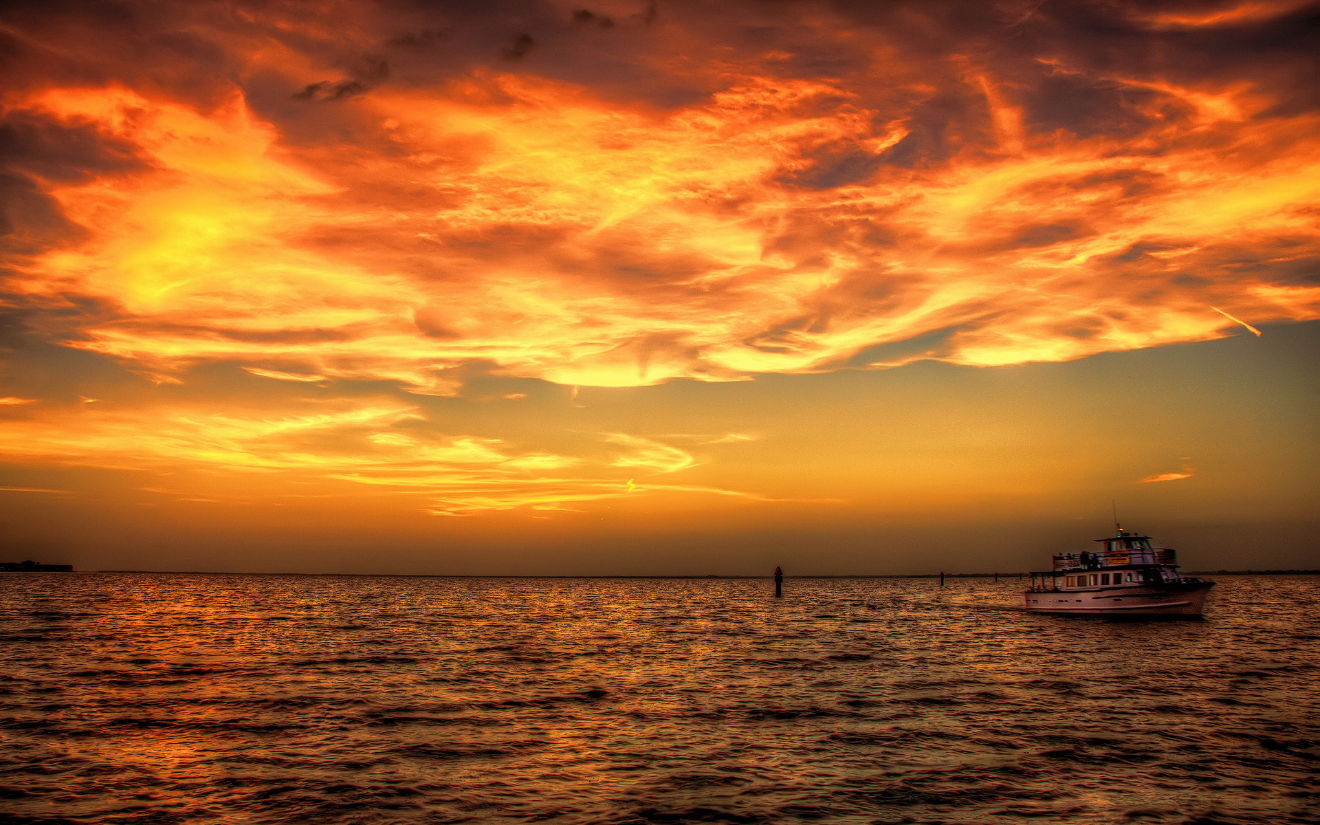 sunset, Sea, Ship, Ocean, Sky, Clouds, Boat Wallpaper