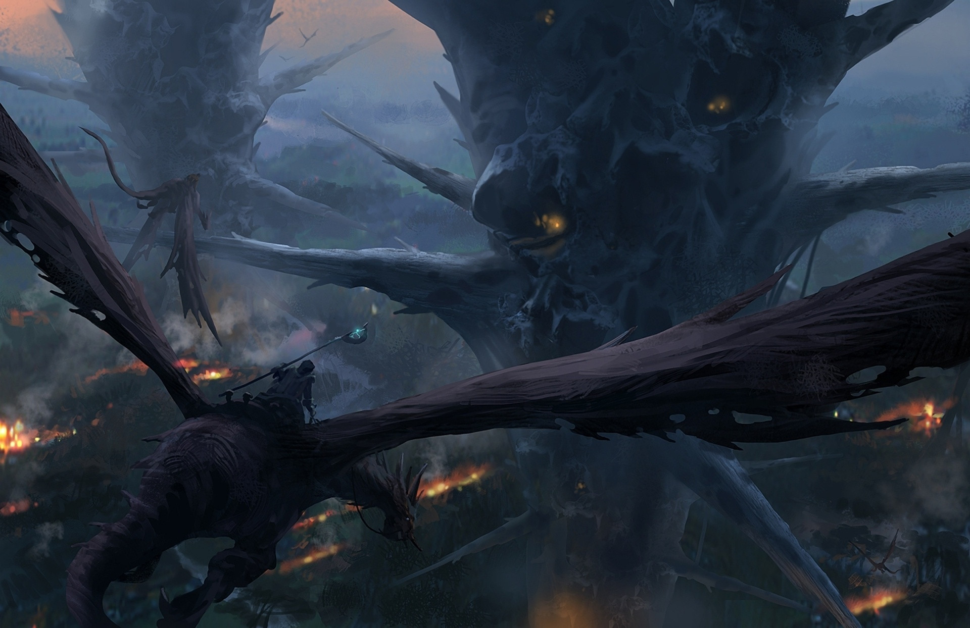 dragon, Drawing, Dragons, Magic, Warrior, Warriors, City, Forest, Art, Artwork Wallpaper