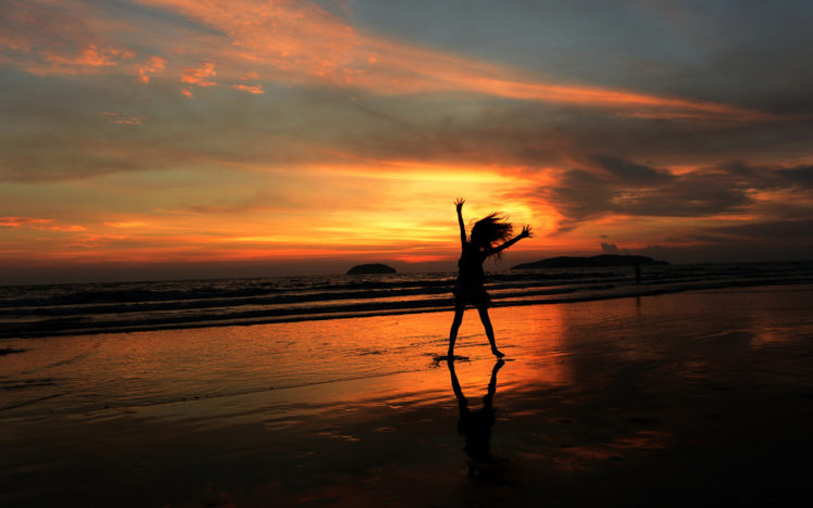silhouette, Person, Beach, Sunset, Mood, Reflection, Ocean, Sea, Sky, Clouds, Happy HD Wallpaper Desktop Background