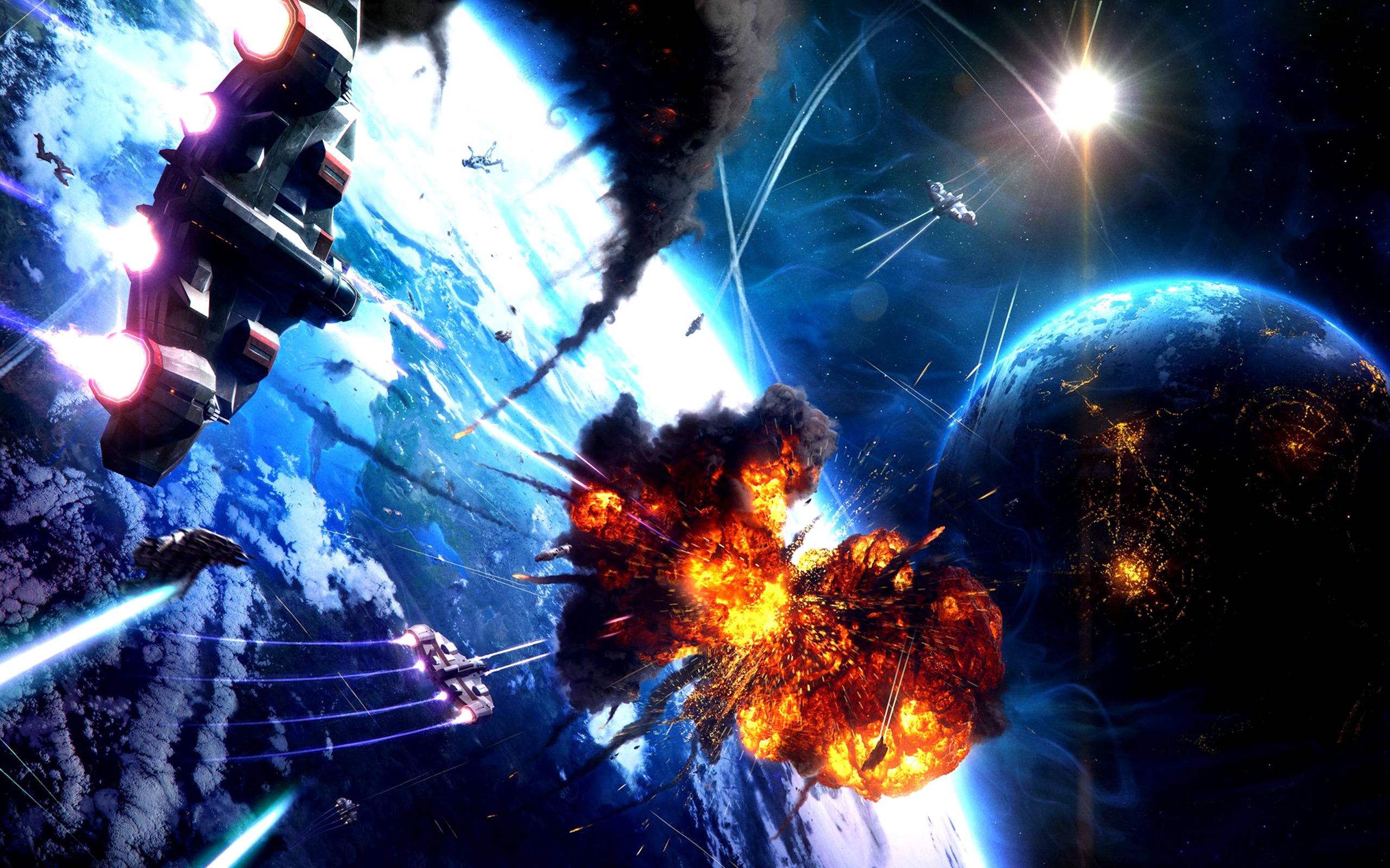light, Outer, Space, Futuristic, Explosions, Planets, Spaceships, Digital, Art, Vehicles Wallpaper