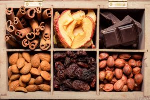 nuts, Dried, Fruit, Chocolate, Raisins, Apples, Cinnamon, Almonds, Hazelnuts, Box