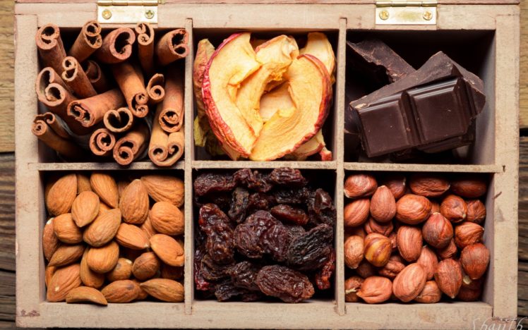 nuts, Dried, Fruit, Chocolate, Raisins, Apples, Cinnamon, Almonds, Hazelnuts, Box HD Wallpaper Desktop Background