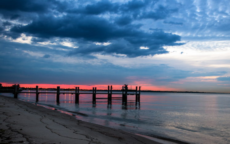 night, Sea, Bridge, Sky, Landscape, Ocean, Beach, Sunset HD Wallpaper Desktop Background