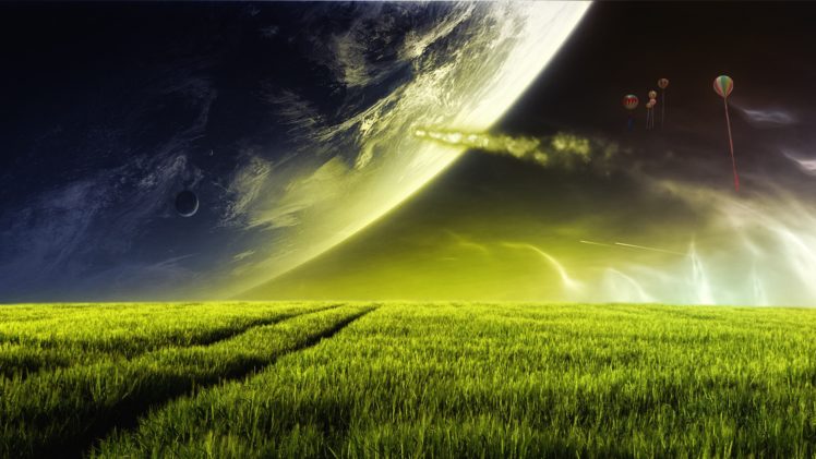 field, Planet, Balloons, Alien, Landscape HD Wallpaper Desktop Background