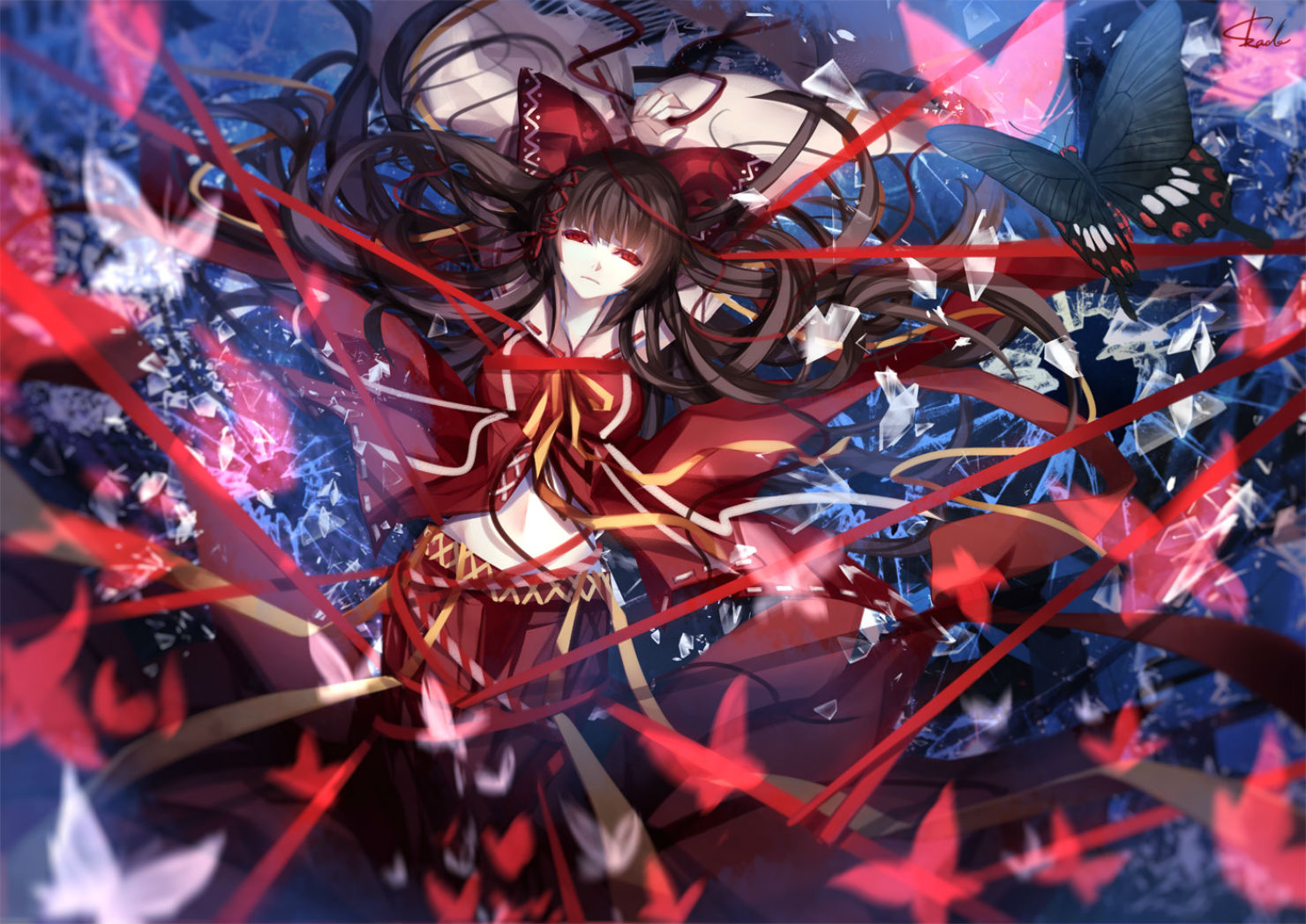 touhou, Black, Hair, Butterfly, Hakurei, Miko, Red, Eyes, Skade, Touhou Wallpaper