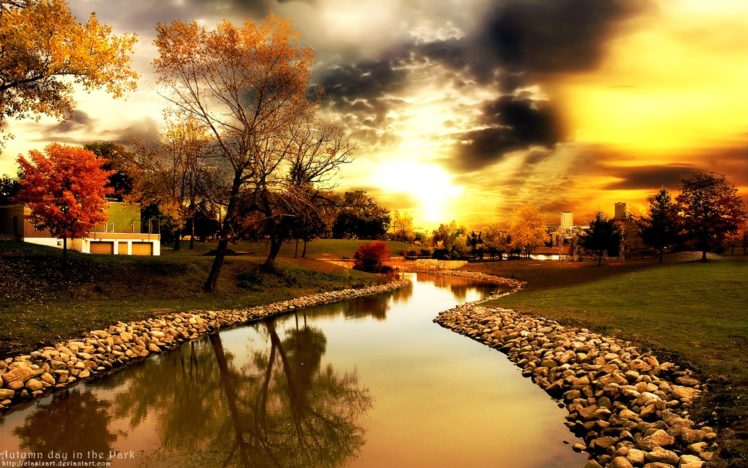 sunset, Clouds, Landscapes, Nature, Trees, Autumn, Day, Rocks, Sunlight, Skyscapes HD Wallpaper Desktop Background